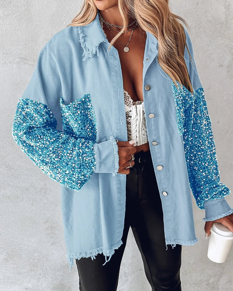 Women’s Turn-down Collar Jackets Contrast Leopard Sequin Patchwork Long Sleeve Jacket/ Top Button Front Raw Hem Shacket