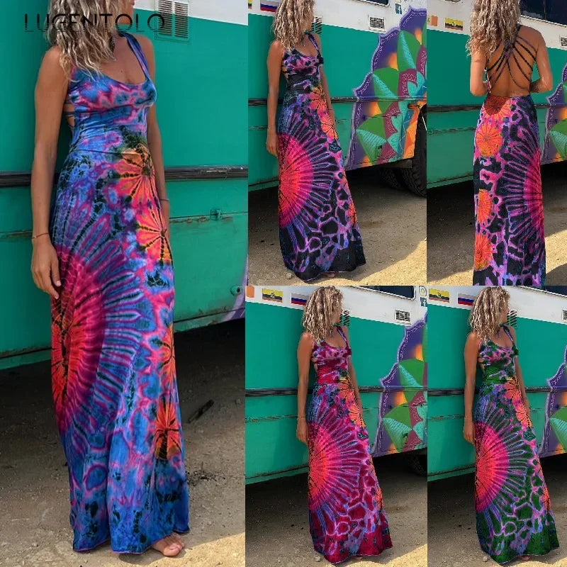 Women Sexy Print Dress Backless Cross Sleeveless Spring Summer Thin Casual Multiple Patterns Long dress.