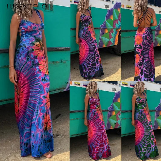 Women Sexy Print Dress Backless Cross Sleeveless Spring Summer Thin Casual Multiple Patterns Long dress.