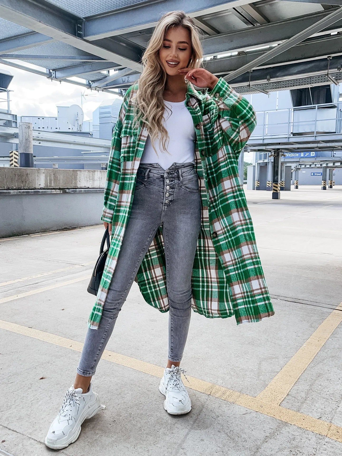 New Women's Loose Casual and Versatile Mid-length Plaid Shirt