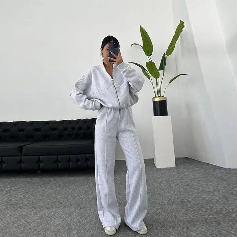 Casual Pants Set Women Spring Autumn Zip Up Jacket Loose Elastic Waist Trousers Suit.