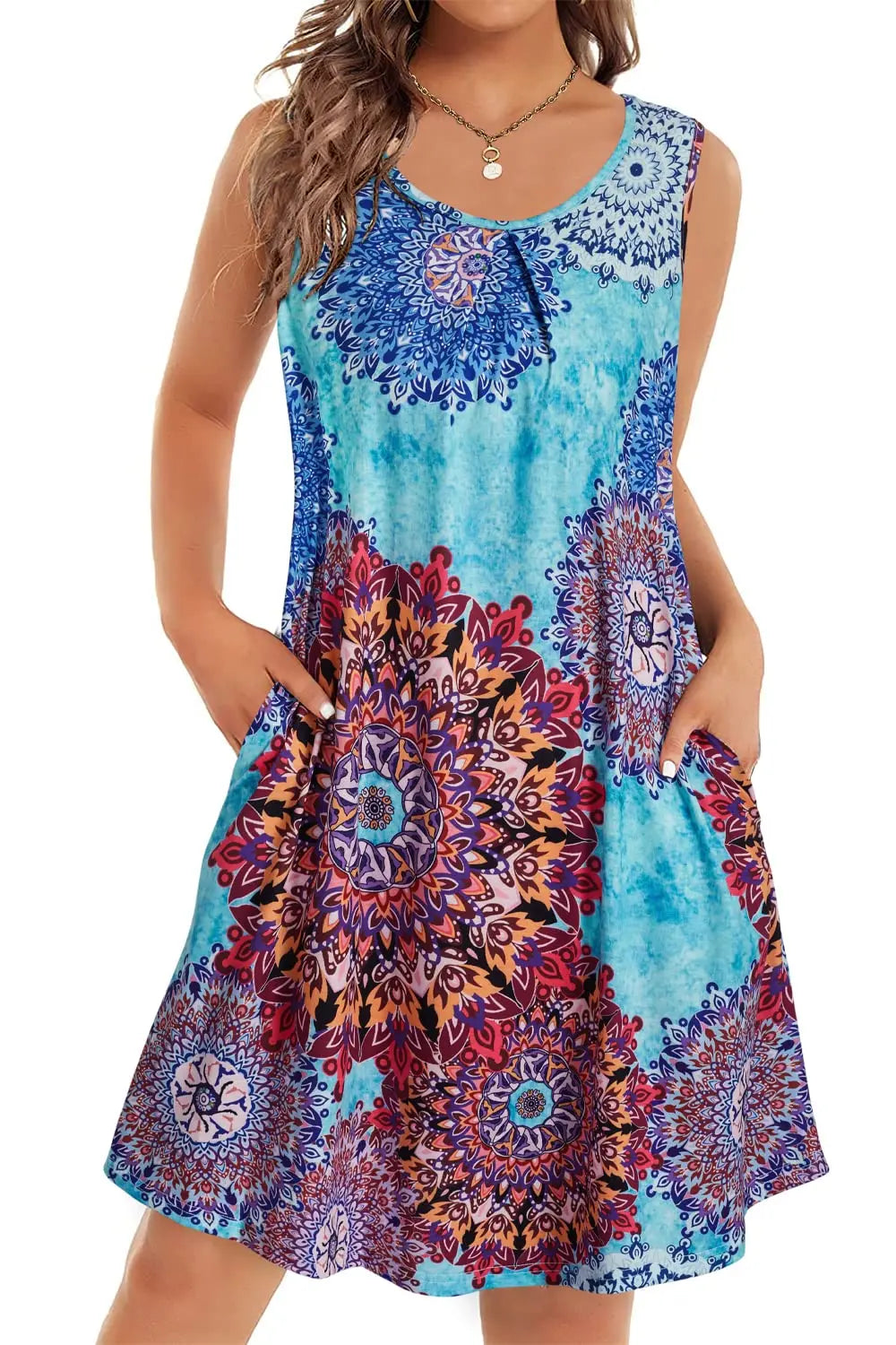 Bohemian Print Casual Sleeveless Women's Round Neck Dress Sweetheart Rustic Country Sleeveless Dress.  S-3X