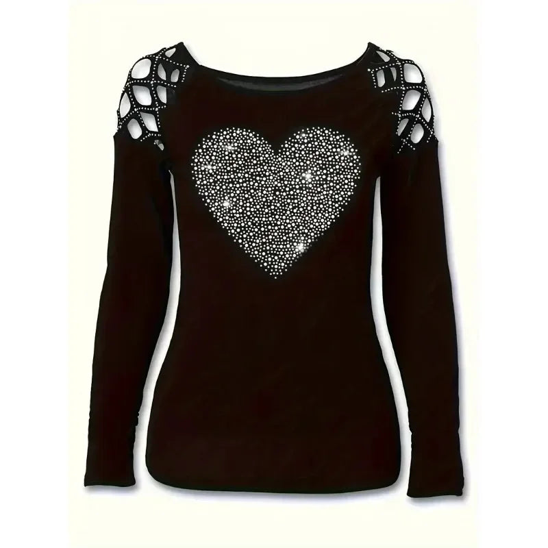 Women's Heart Print Hollow Out Long Sleeve Round Neck Slight Stretch Shirt.  S-2X