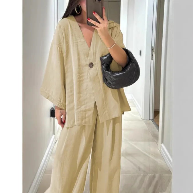 Spring Summer Fashion Cotton Blend Two Piece Set Causal Loose Top Wide Leg Pants 2 Piece Outfit.  S-3X