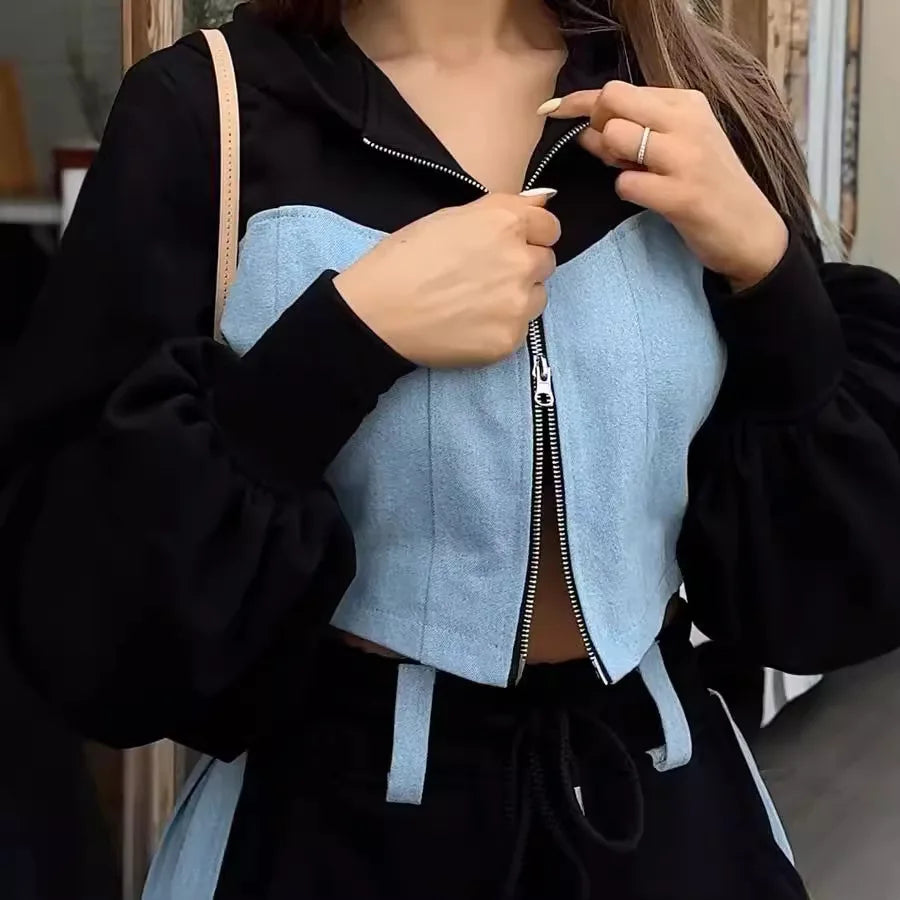 Denim Patchwork Top+pant 2 Piece Set Fashion Zipper Hoodie Wide Leg Casual suit.