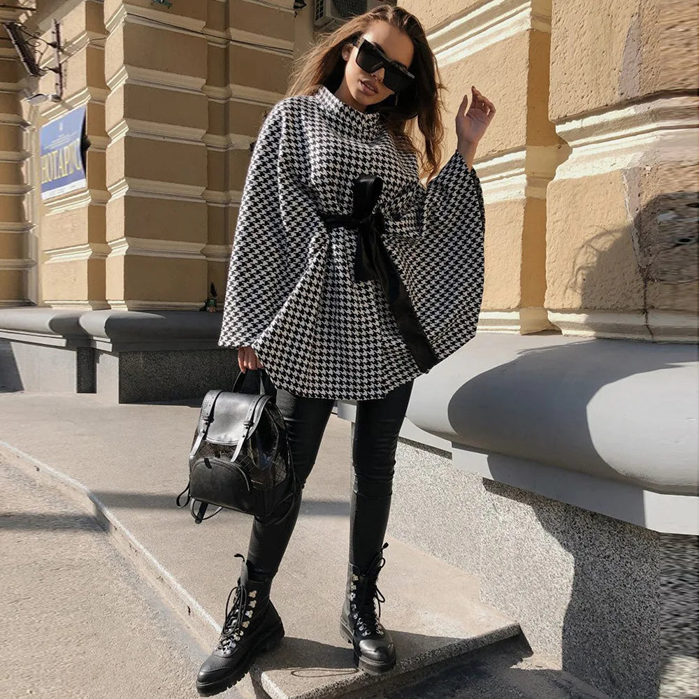 Coat Fashion Hounds tooth Print Half-high Collar Lace Up Bat Wing Elegant Women's Clothing.  One -Size