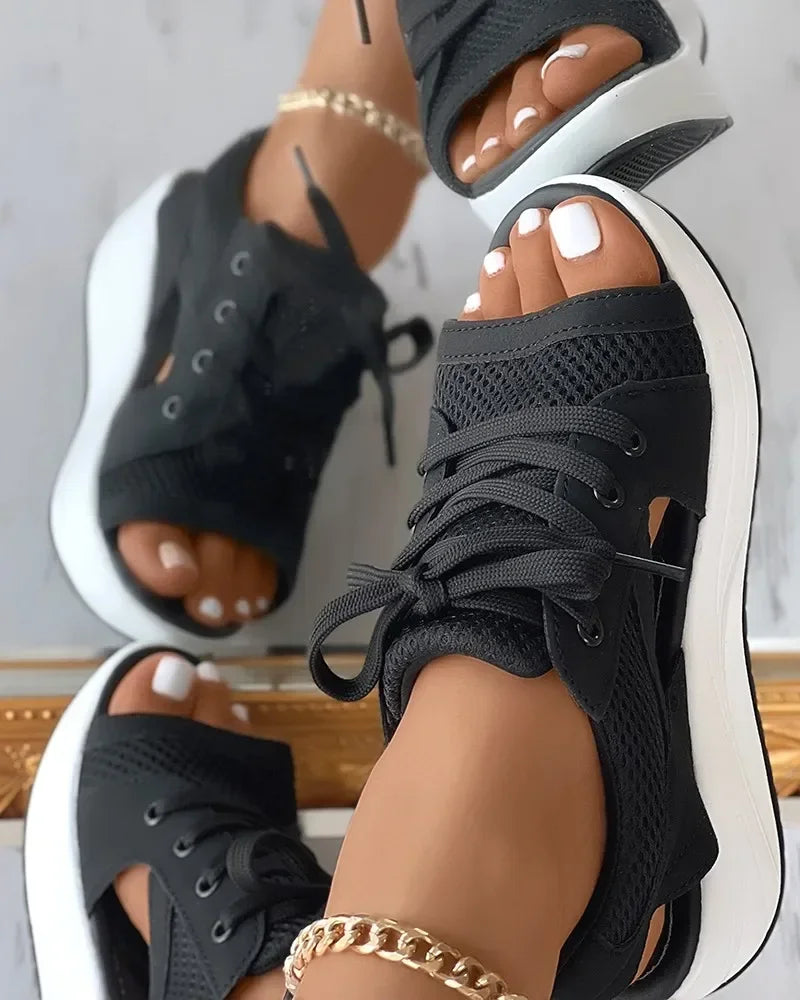 Summer Casual Comfortable Toe Contrast Cutout Lace-up Platform Sport Sandal/Sneakers