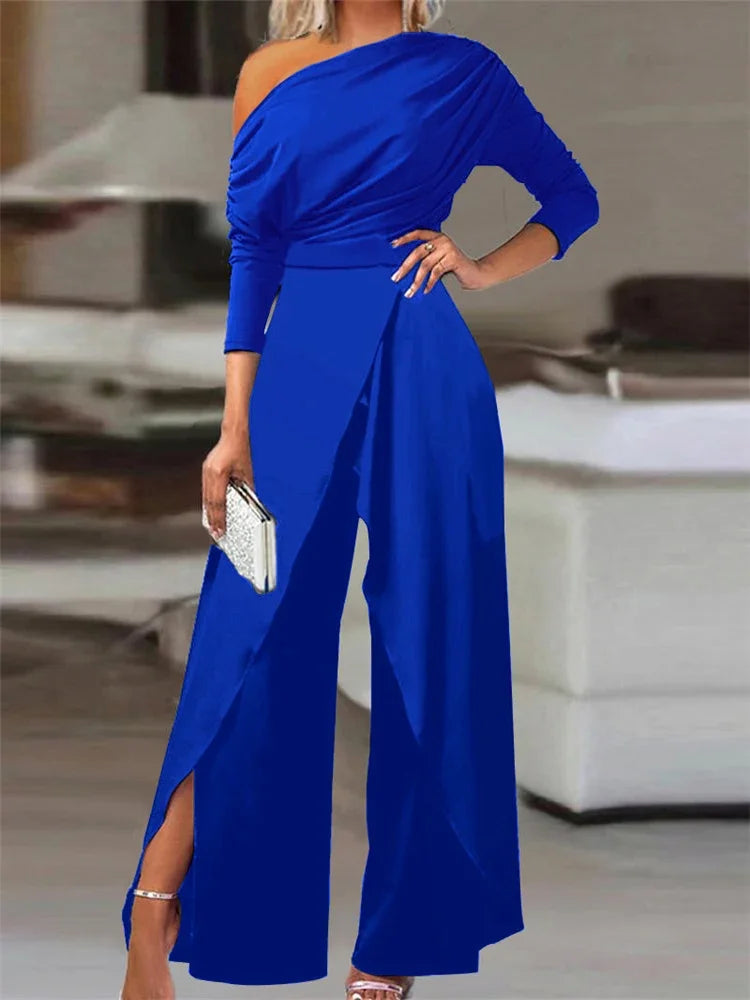 2025 Spring Jumpsuit Plain Elegant Loose Ruched One Shoulder Split Hem Wide Leg Jumpsuit.  S-XL