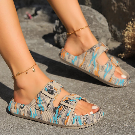 Summer Printed Soft Sandal Great For Vacation ,Travel ,Beach Adjustable Double-buckle Pillow Platform