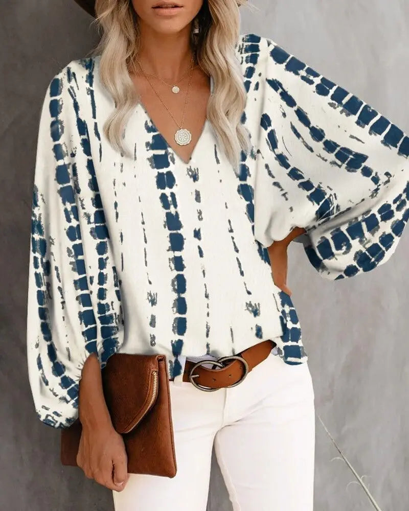 New European V-neck Printed Lantern Sleeve Top.  S-3X