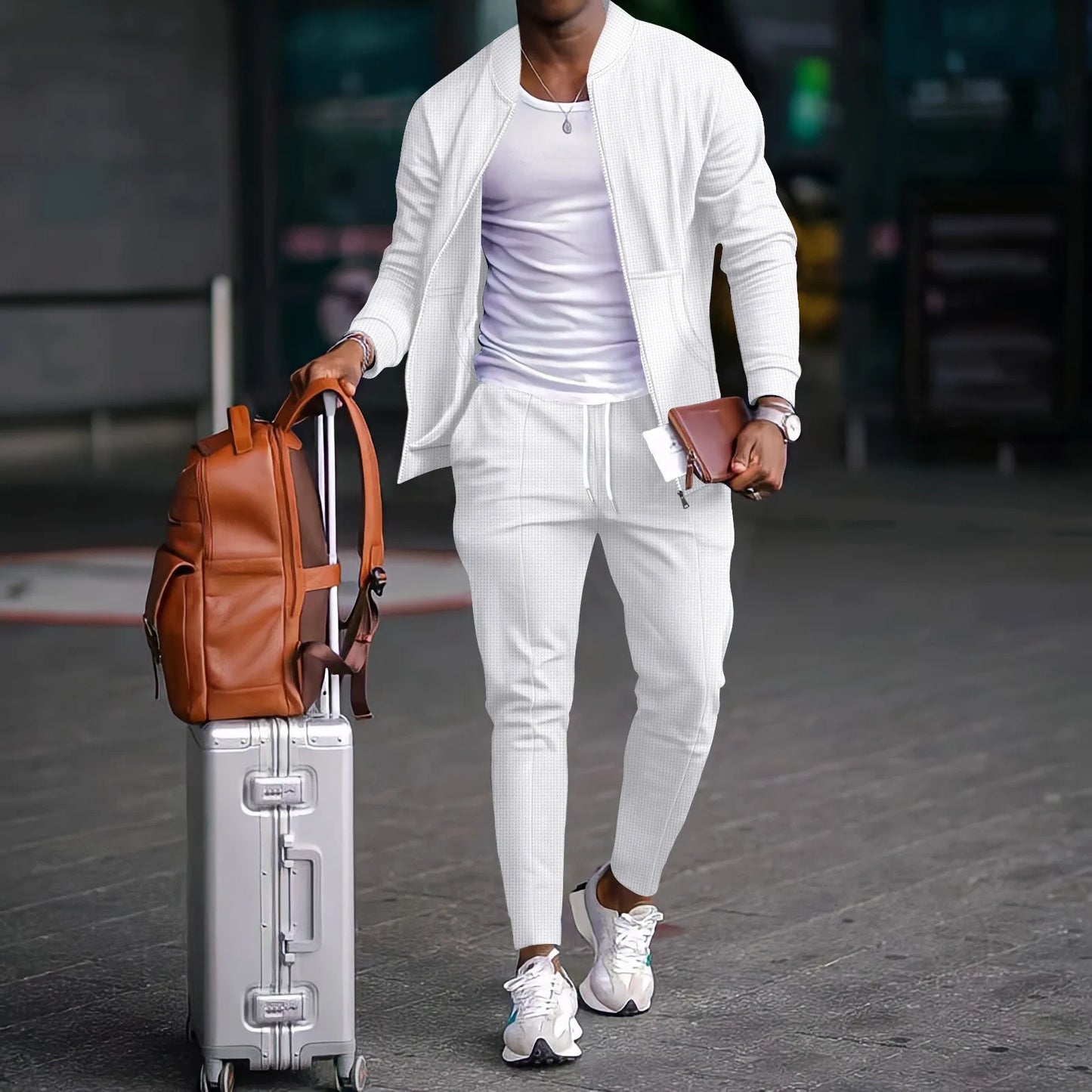 2025 new spring and autumn men stand collar solid color baseball casual Waffle full pants two piece men's suit.  SZ: S-3X