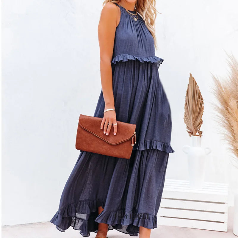 Women's Spring Summer New Collection Solid Colour Fashionable Ruffle Edge Long Dress.  S-xxL