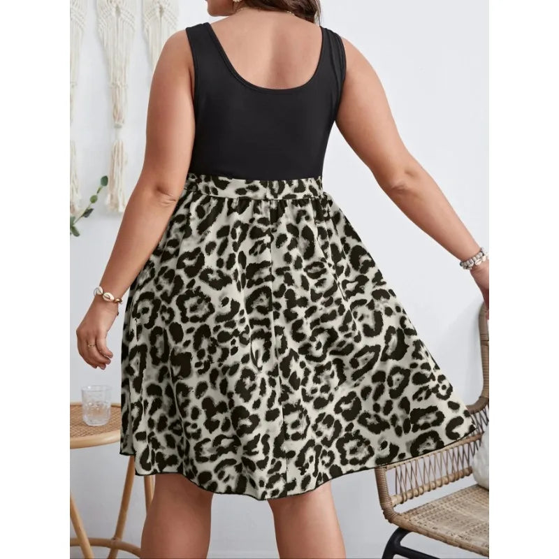 Plus Size 1XL-5XL Women's Fashionable Thick Shoulder Strap Leopard Print Casual Sleeveless Comfortable Dress.
