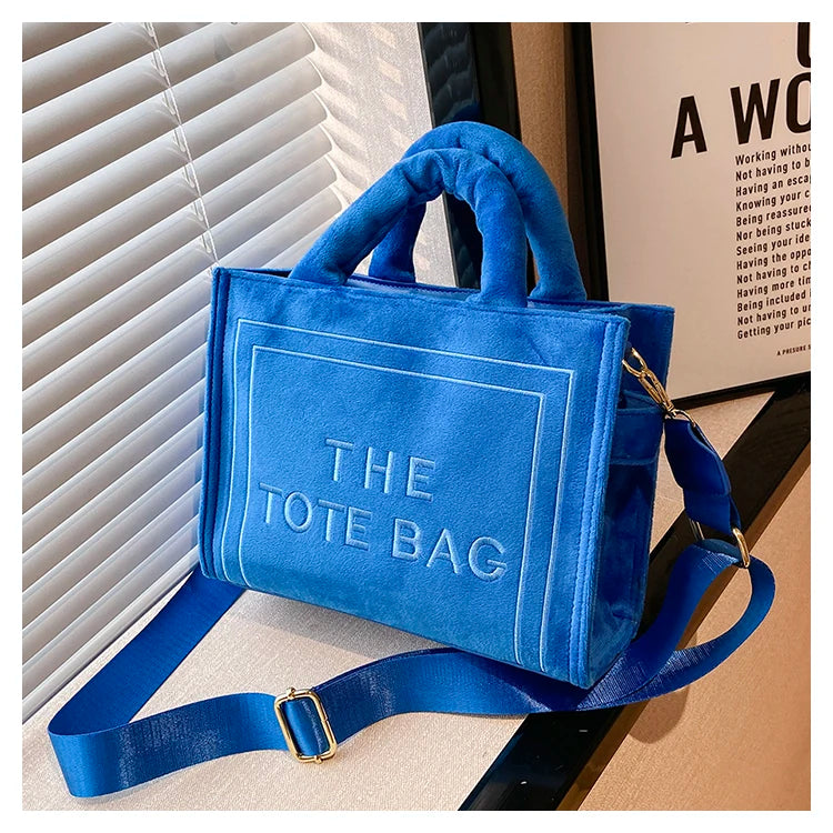 Women's Velour Tote Original Letter Print Square Stylish Soft Shoulder Bag