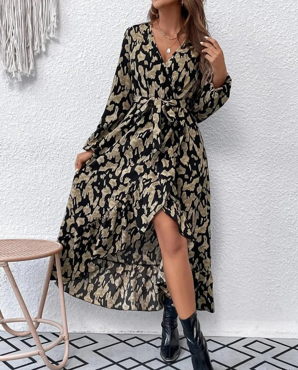 Women's V-Neck Print Maxi Dress - Long Sleeve Belted Asymmetric Ruffle Dress S-XL