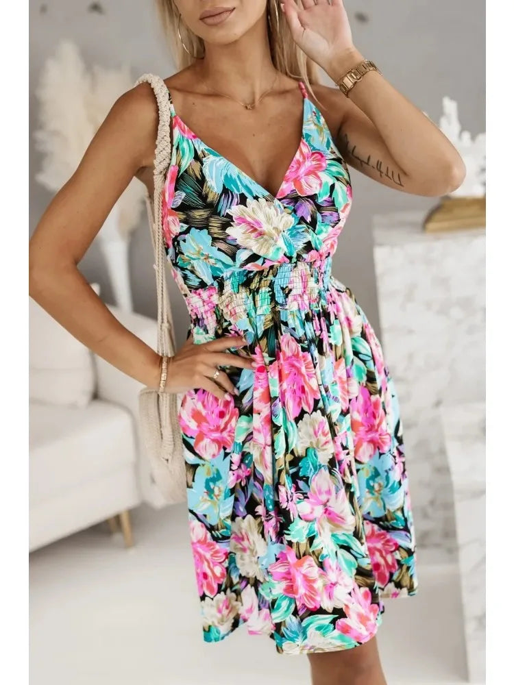 New Fashion Women's Pleated Floral Print Sexy Spaghetti Strap Sundress.  S-2X