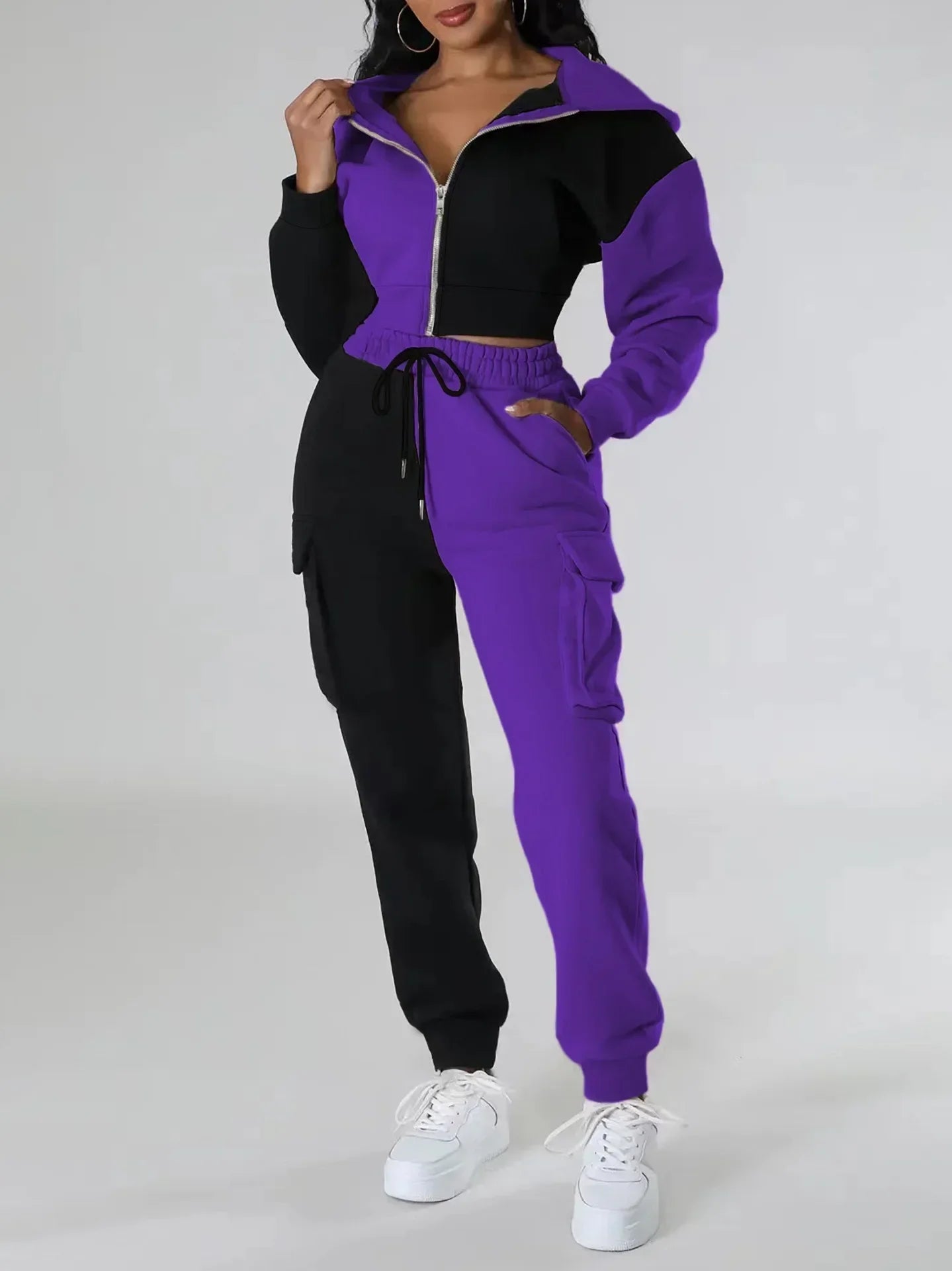 Women Loose Two Piece Matching Set Zip- Up Hoodie And Drawstring Cargo Pants Suit.  S-2x