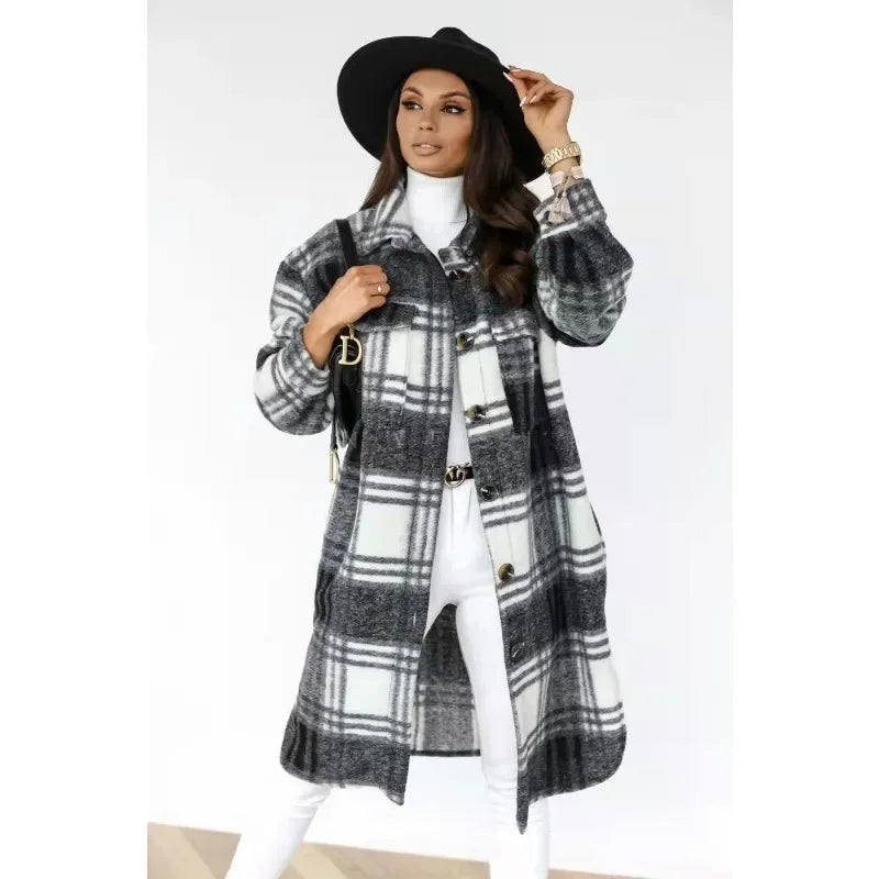 Jacket Spring and Autumn Jacket Women's Plaid Polished Long Sleeve And Pockets Outerwear.  S-2x