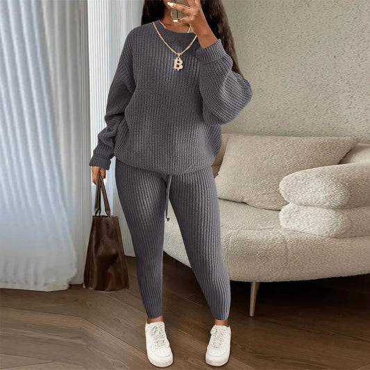 Two Piece Women Autumn Fashion Casual Solid Round Neck Pullover Loose Pit Knitted Sweater Pants Suit.  S-3XL