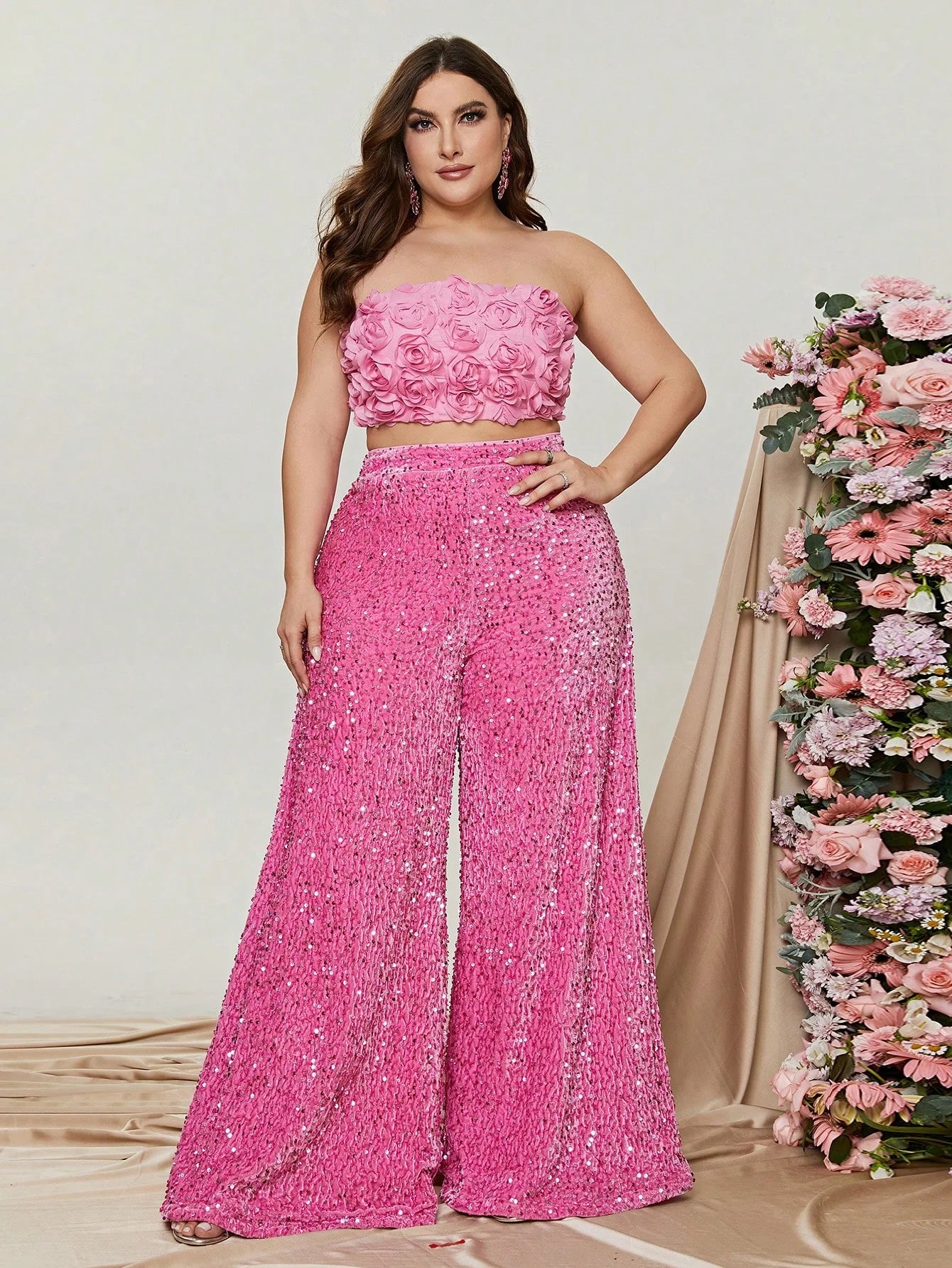 Plus Size Tube Top 3D Flower and Sequin Suit