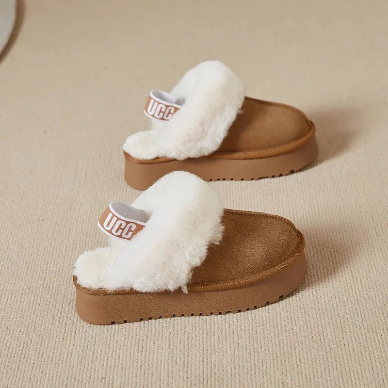 Thick Bottom Woolen Slippers Women Winter Style Genuine Leather Fleece Lined Shoe/Sandal