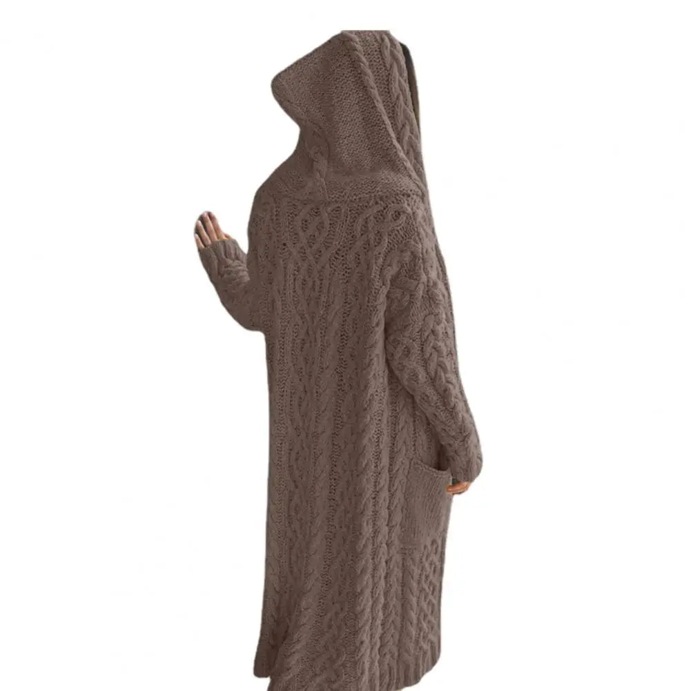 Women Sweater Jacket with Pockets Mid Length Hooded Knitted Twisted Texture Solid Colour Long Sleeve Thick Outerwear.  S-3xl