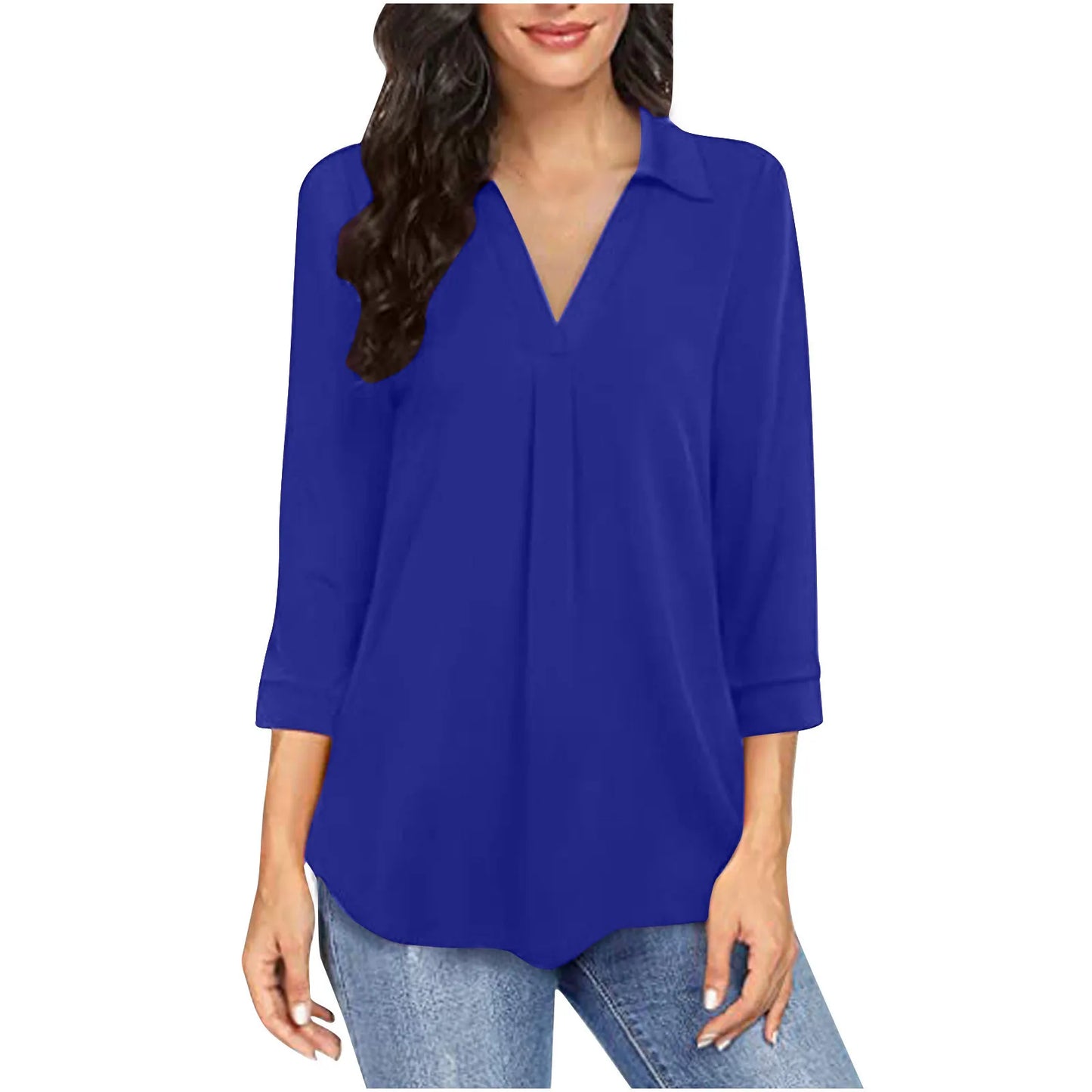 Ladies V-Neck Summer Loose Casual Solid Long Sleeve Blouse