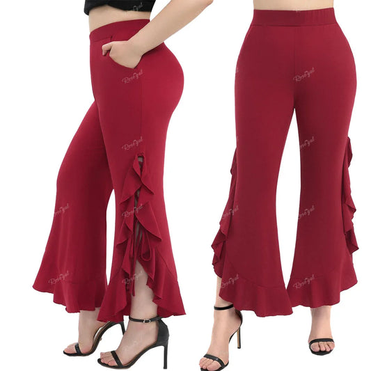 Plus Size Side Lace Up Braided Pocket Pants Red Women's Casual Quality Boot Cut Pant.  L-5X