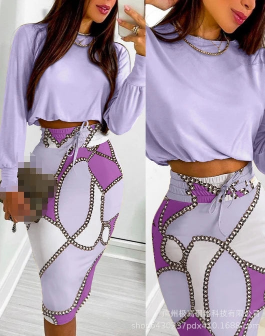 Women's Fashion Suits 2025 Spring Summer Latest Commuting Elegance Urban Style Print Contrast Long Sleeved Casual Skirt Set