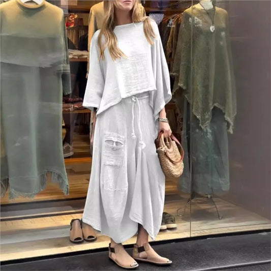 Casual Solid Cotton Linen 2 Piece Sets Women Spring O Neck Top Pullover Belted Skirt Outfit Fall 3/4 Sleeve Loose Suit