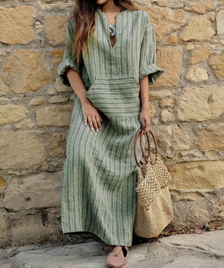 Women's Casual Loose Short Sleeve Dress, Cotton Linen  Boho Long Dress, Summer Vintage Dress.   S-5X