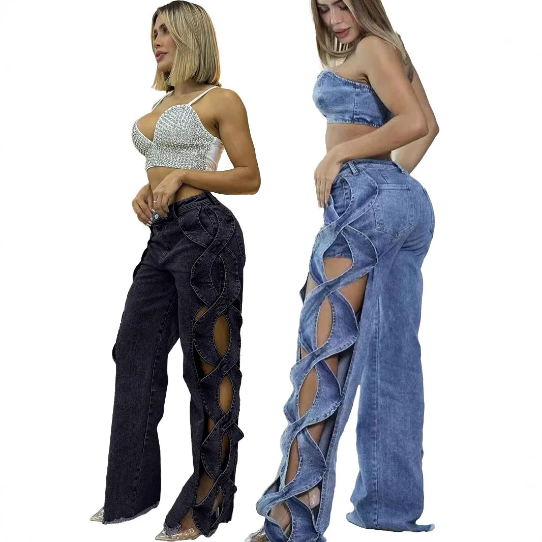 2025 Spring and Summer Personality Side Hollow-out Design Jeans.New Fashion S-line Denim Patchwork Straight Leg Trousers.  S-2X