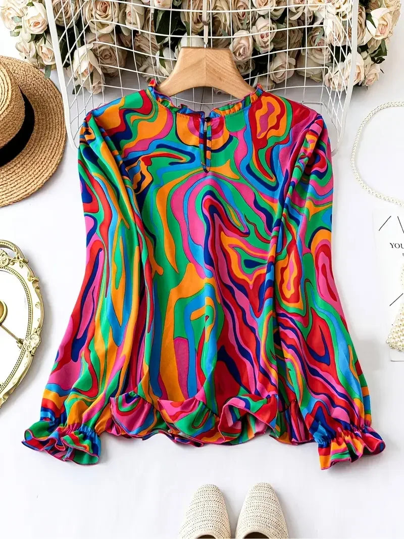 Plus Size 1XL-5XL Women Fashion Round Neck Long Sleeve Boho Blouse.