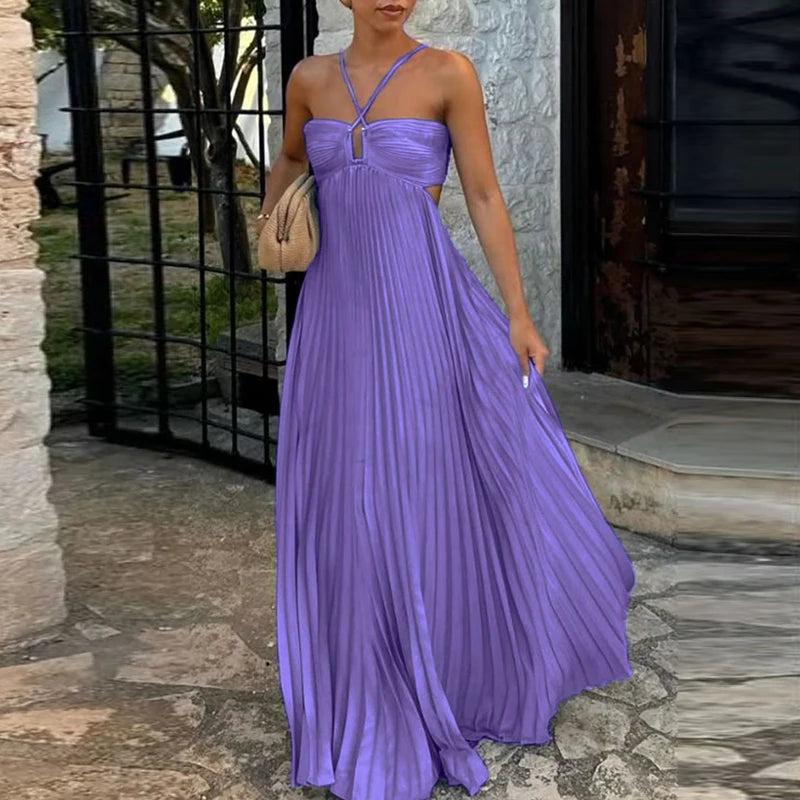 High Waist Pleats Sleeveless Solid Colour Summer Sexy Halter Party Dress.  S-XL