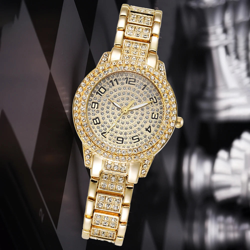 6Pcs Fashion Luxury Women Watch Necklace Earrings Ring Set For Women Rhinestone Wristwatch Bracelet Set Valentine's Day Gift