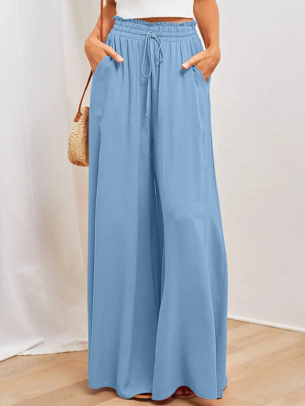 Spring and Summer New Women's Wide-leg Trousers Elastic Belt Wide-leg High-waist .  S-2X