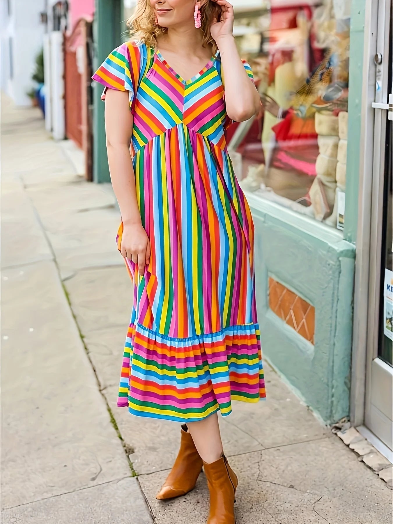 Plus Size1XL-5XL V-neck Rainbow Print Dress Loose Lotus Sleeve A-line Skirt Milk Silk Fabric Elastic Comfortable Breathable Ball