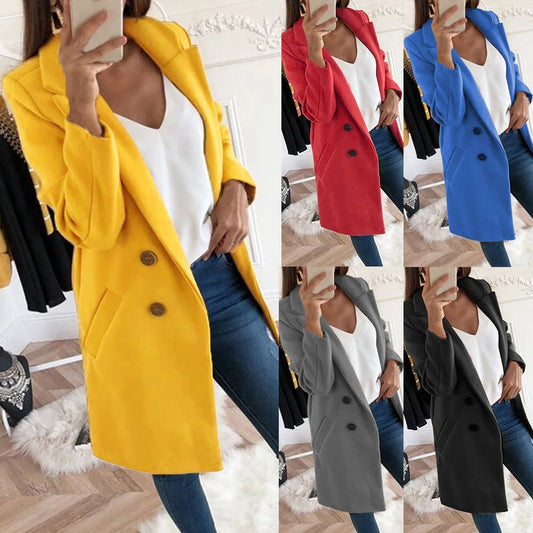 Thermal Solid Woolen Coat Women Turn-down Collar Mid-Length Plus Size Double-breasted Thick Coat