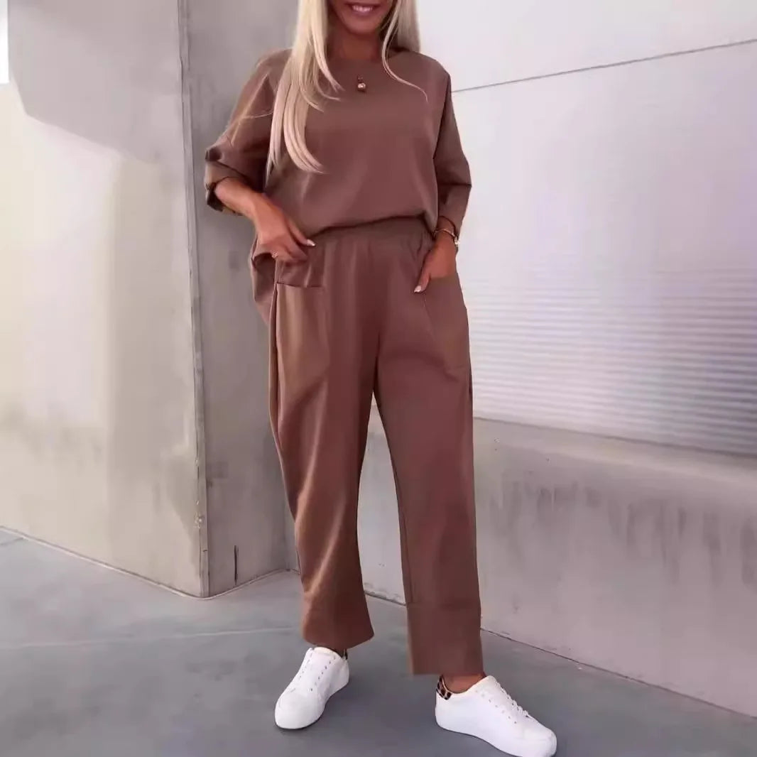 Women Two Piece Set Solid Top Ankle Length Pants Sport Matching Set.  S-3xL