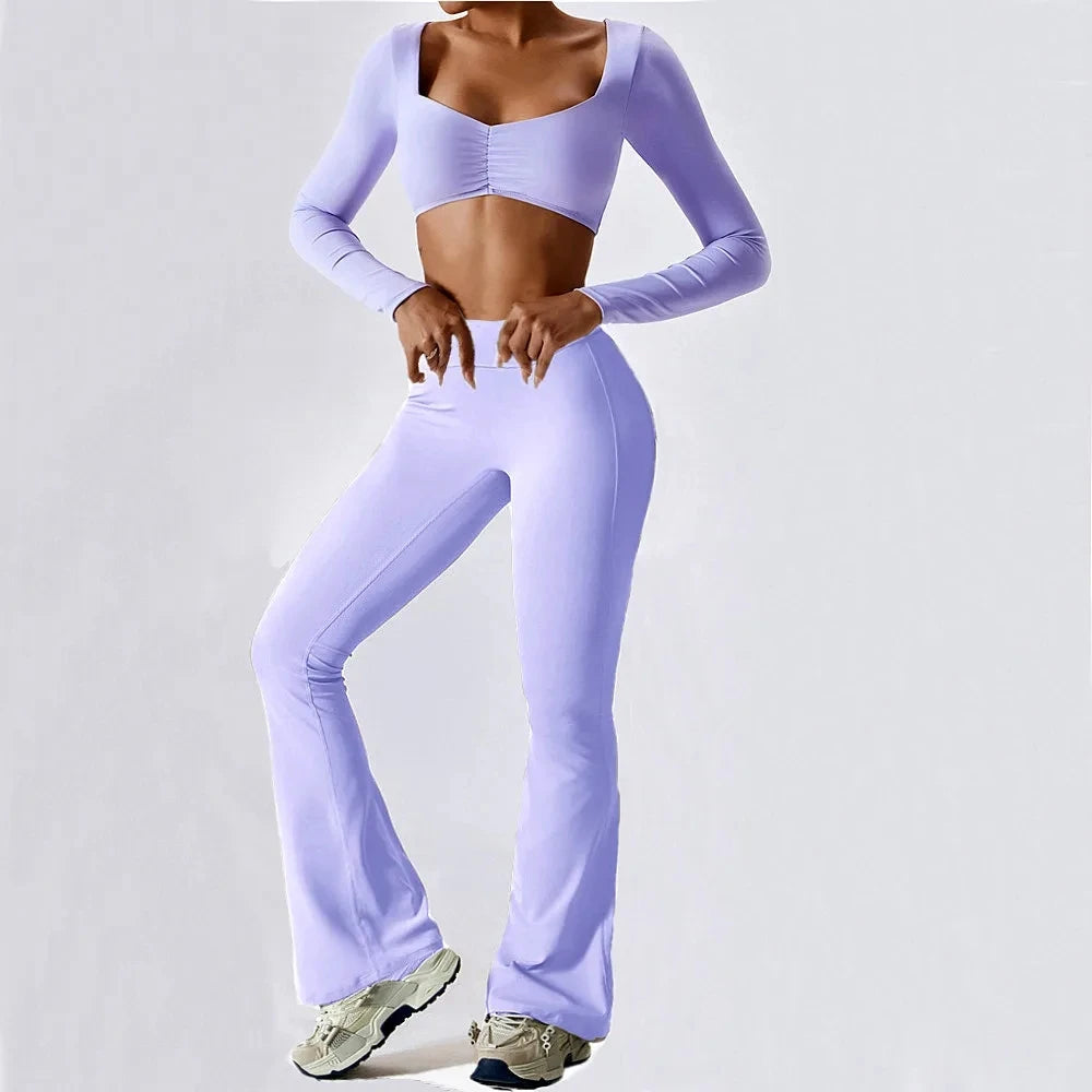 2-Pc Long Sleeve Pad Crop Top Yoga Set Big Leg Flare Scrunch Pant .