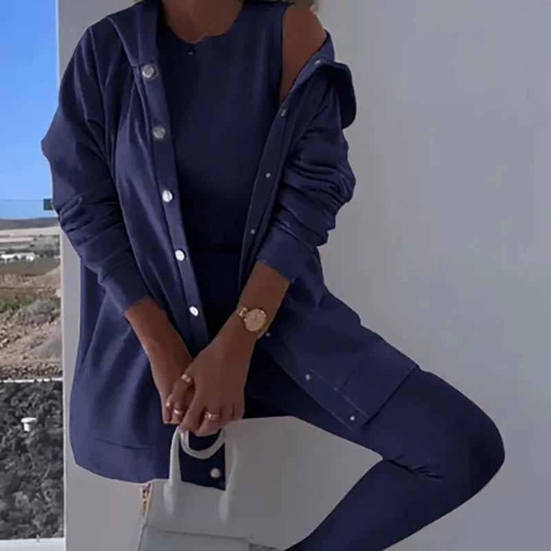 O-Neck Top Long Sweater Matching Set,Solid Three Piece Outfit, .  S-3x