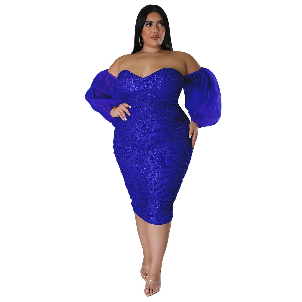 Plus Size Women Sexy Sequin Dress Strapless Solid Party Evening Dress Bodycon Skinny Dress