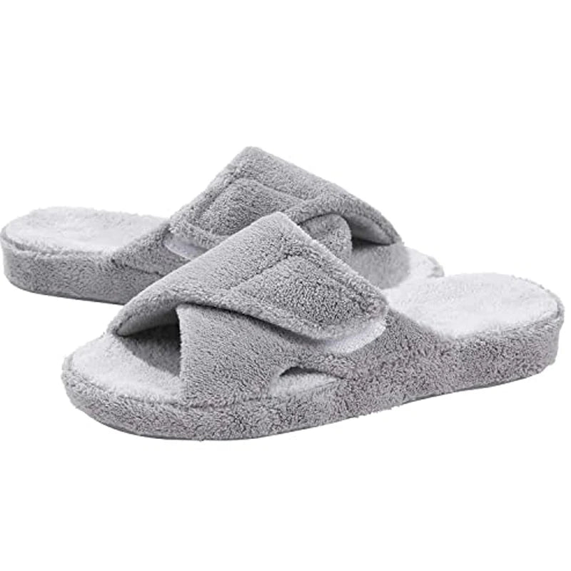 Comwarm Waffle Indoor Cotton Slippers For Women Open Toe Anti-Slip Home Slippers Four Seasons Flat with Arch Support.