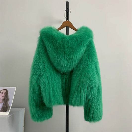 New Winter Real Fur Coat Natural Fox Fur Coat With Hood .