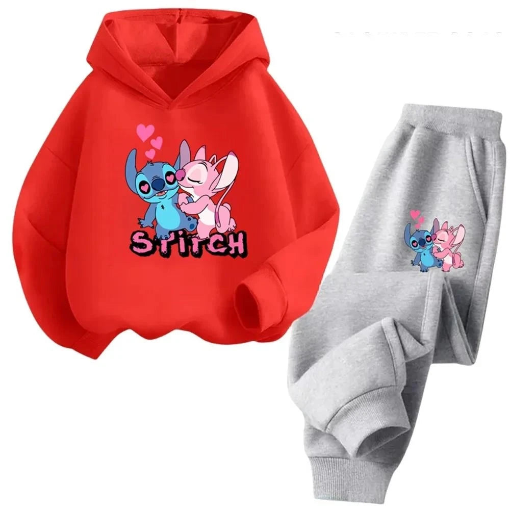 Kawaii Stitch Hoodie For Girls Casual Long-sleeves Sweatshirt+long Pants Sets for 2-13 Years Kids Autumn 2pcs Set Clothing