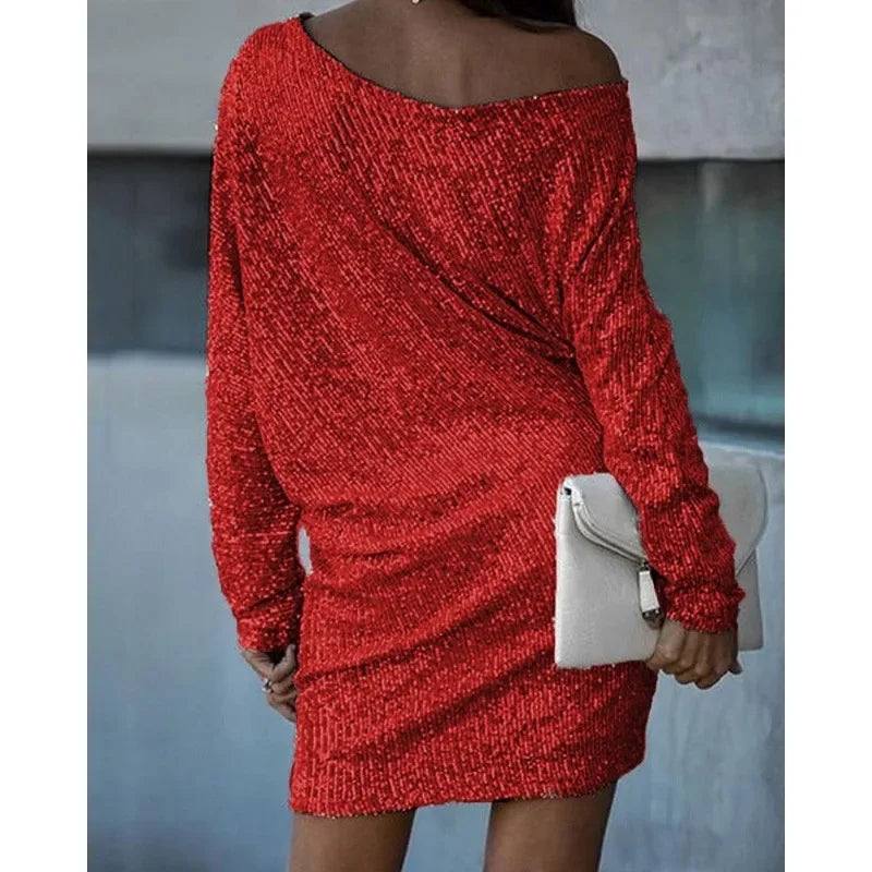 Sexy Slim-Fit Sequined Dress Long Sleeve Off Shoulder Slash Neck Party Formal Dress.  S-2X