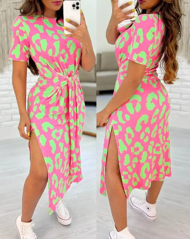 Summer Casual Sexy Elegant Dress Leopard Knotted + Slit Casual Dress.  S-XL