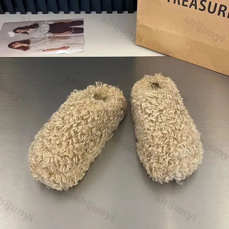 Thick Heel Luxury Lambwool Mules 2025 Winter Shoes Woman Flip Flops Flat Cover Toe Slides Ins Warm Curly Lamb Fur Slippers Women
