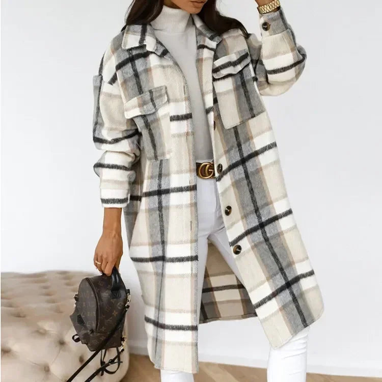 Single Breasted Fashion Long Plaid Overcoat .  S-3X