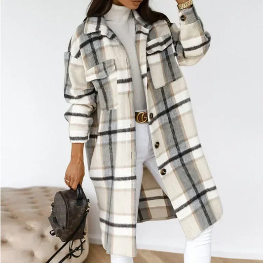 Single Breasted Fashion Long Plaid Overcoat .  S-3X